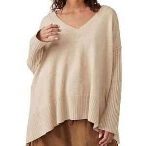 Free People Slouchy Long Sleeve Cozy Core Beige V-Neck Sweater Size XS